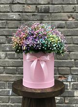 Цветочная композиция из Гипсофила и Розы в шляпной коробке в Троицкий
