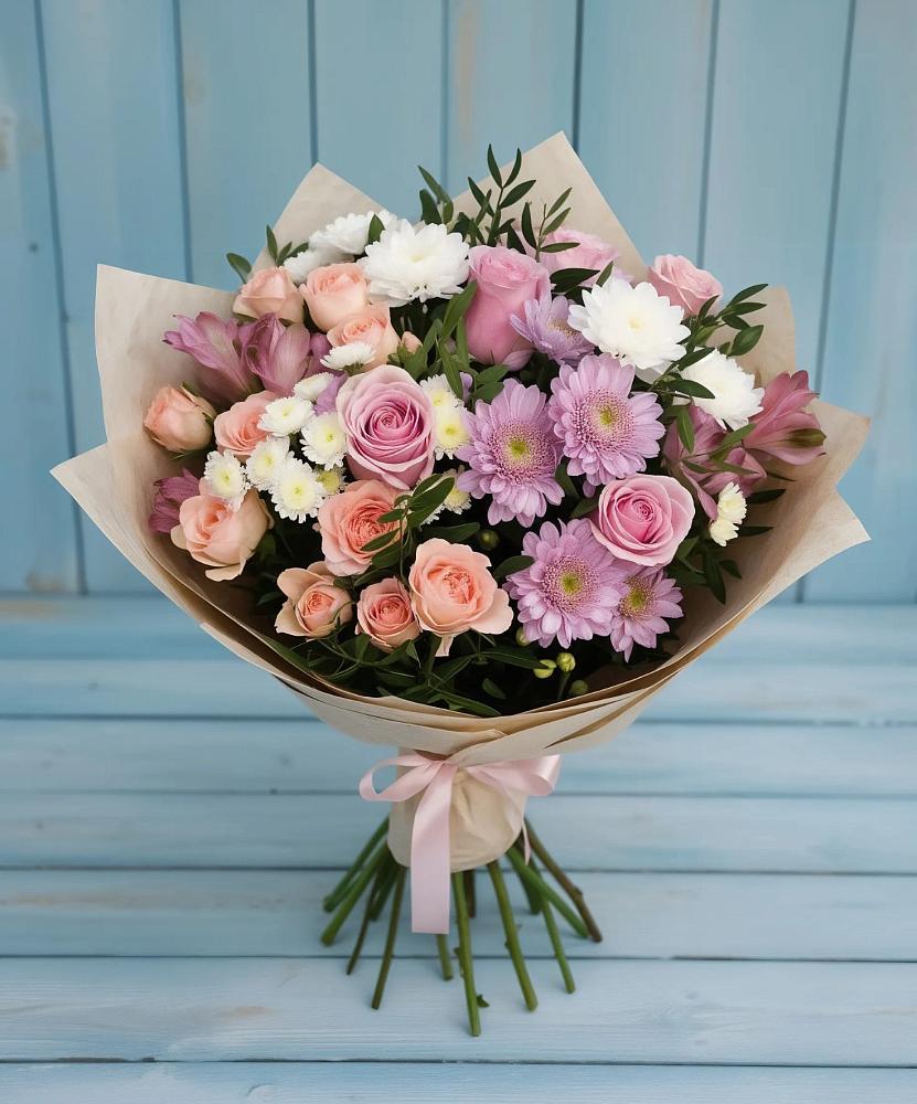 Букет цветов из: Хризантемы, Розы и Альстромерии в Троицкий