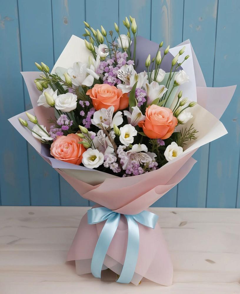 Букет цветов из: Лизиантусы, Розы, Альстромерии и Гипсофила в Троицкий