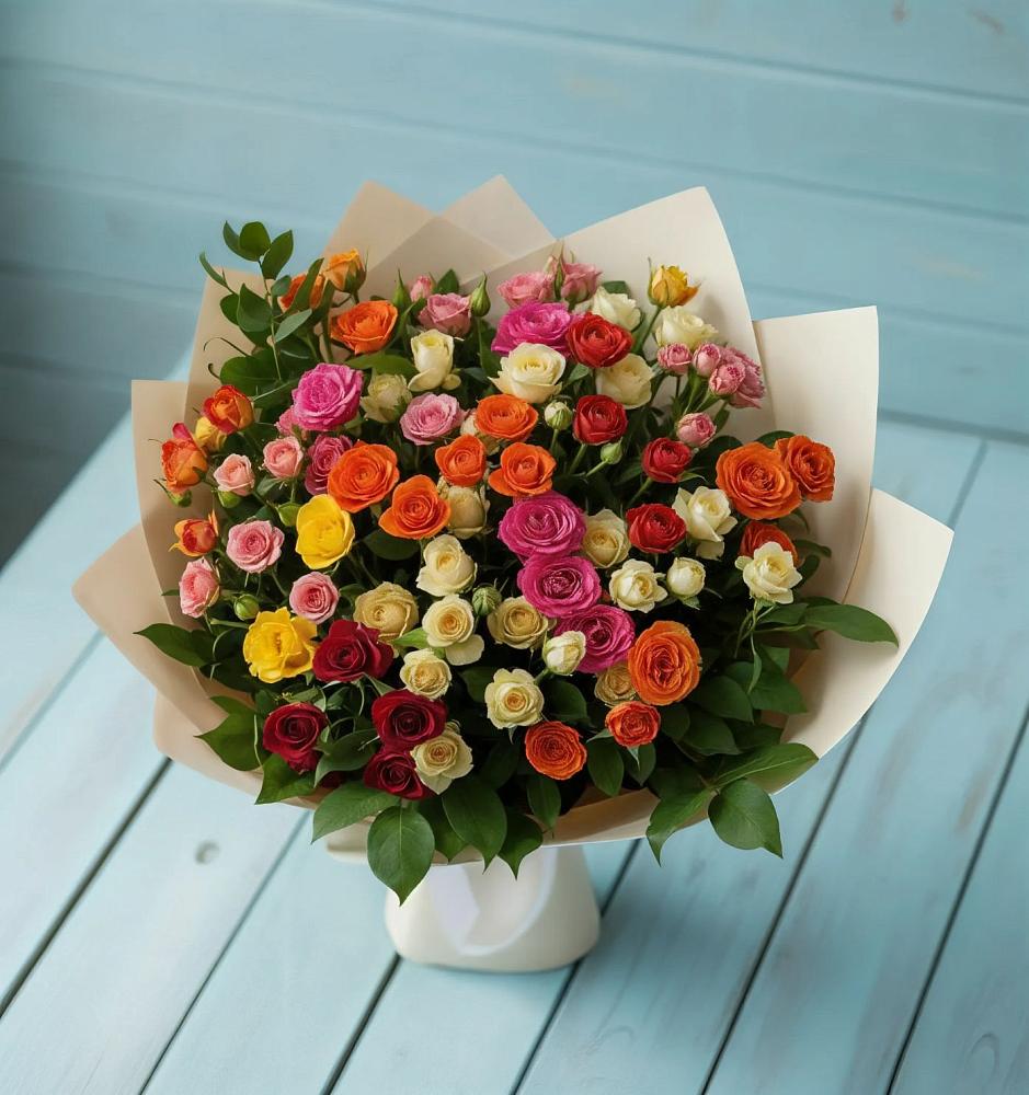 Букет Микс из разноцветных кустовых роз в Троицкий