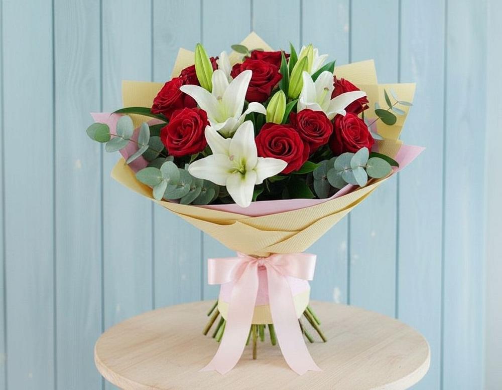 Букет цветов из: Лилии и Розы в Троицкий
