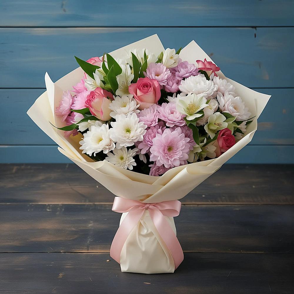 Букет цветов из: Хризантемы, Альстромерии и Розы в Троицкий